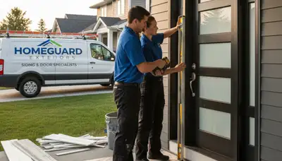 Technician performing door repair on home exterior vinyl siding in Greenville, NC