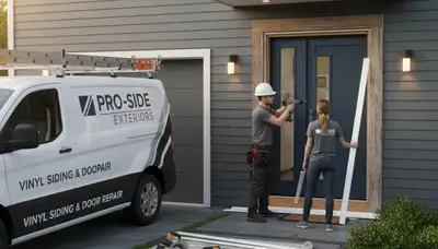 Technician repairing exterior door frame near vinyl siding in Greenville, NC home