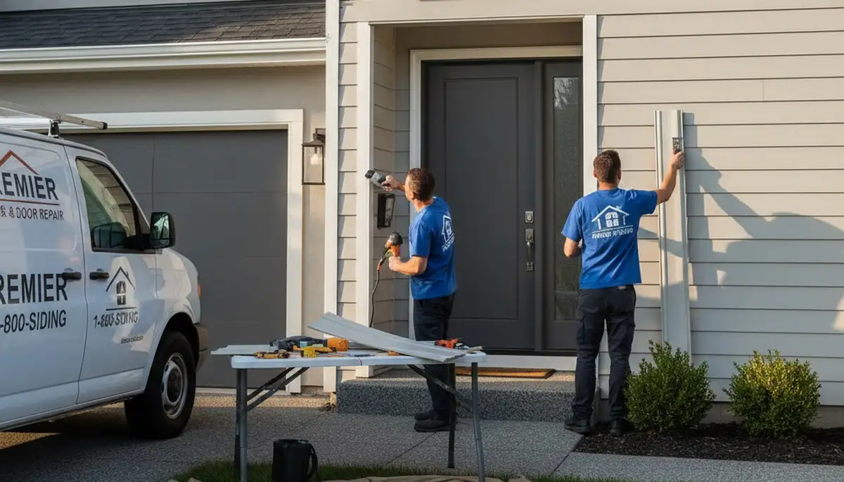 Technician performing door repair on vinyl-sided home in Greenville, NC