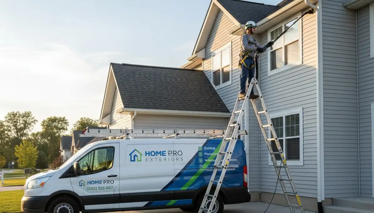 Technician cleaning home gutters in Greenville NC for vinyl siding maintenance and water damage prevention