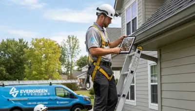 Technician performing gutter inspection on vinyl siding home in Greenville, NC