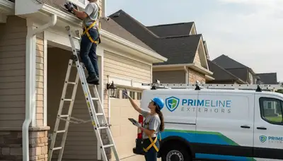 Technician performing vinyl siding and gutter inspection in Greenville, NC home exterior