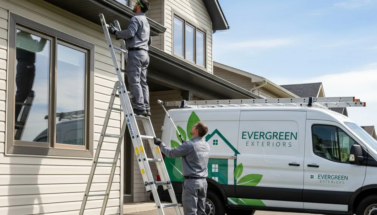Technician performing vinyl siding and gutter inspection in Greenville, NC home exterior
