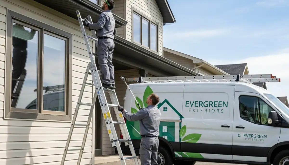 Technician performing vinyl siding and gutter inspection in Greenville, NC home exterior