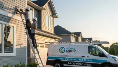 Technician repairing gutter and vinyl siding on home in Greenville, NC