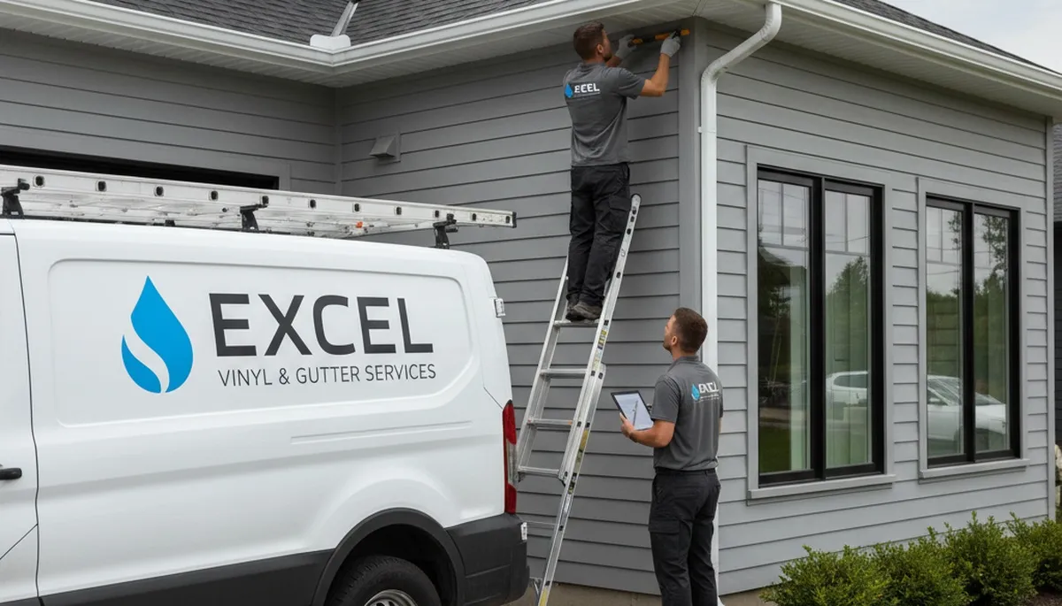 Technician repairing vinyl siding and gutters on home exterior in Greenville, NC