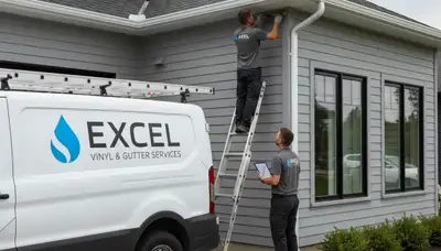 Technician repairing vinyl siding and gutters on home exterior in Greenville, NC
