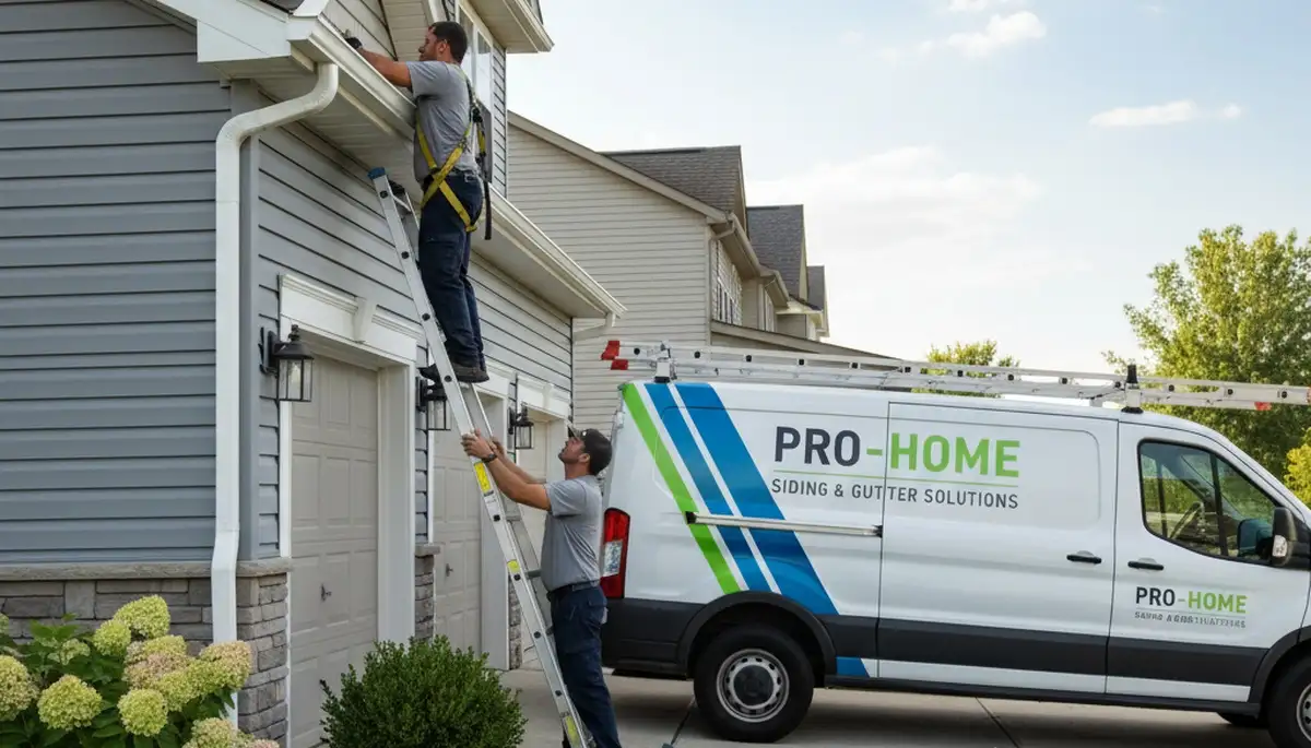 Technician repairing vinyl siding and gutters on home exterior in Greenville, NC