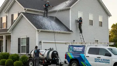 Technician cleaning roof safely in Greenville NC for Next Level Exteriors vinyl siding services