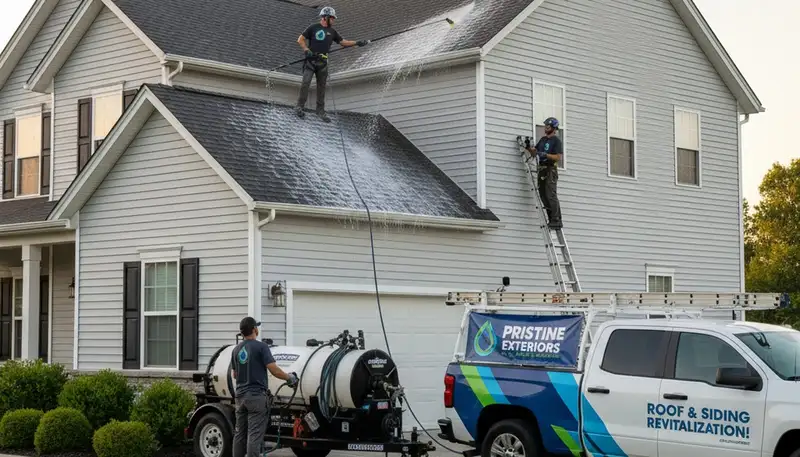 Technician cleaning roof safely in Greenville NC for Next Level Exteriors vinyl siding services
