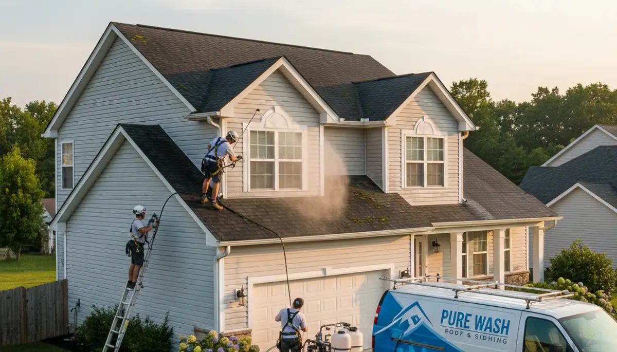 Technician cleaning residential roof with soft-wash equipment in Greenville, NC