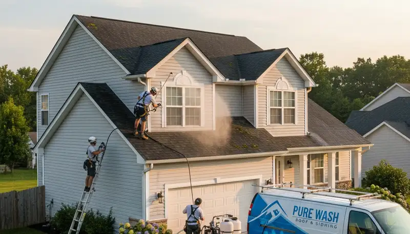 Technician cleaning residential roof with soft-wash equipment in Greenville, NC
