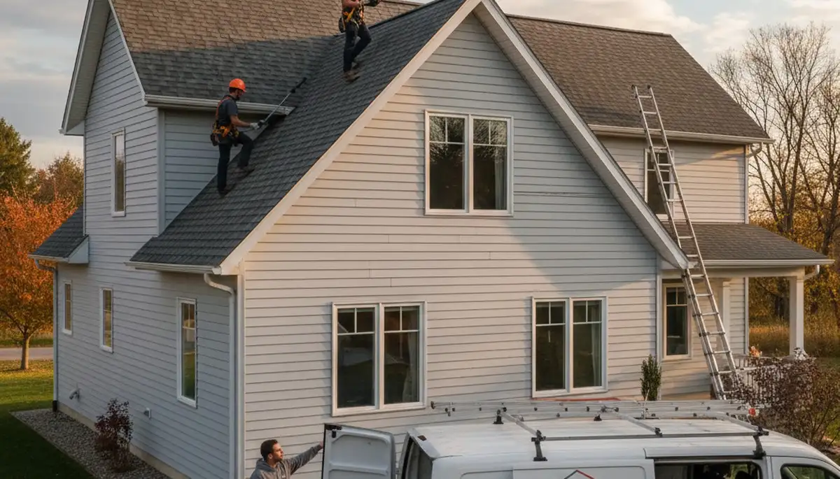 Roof inspection expert checking residential roof in Greenville, NC for leaks and storm damage