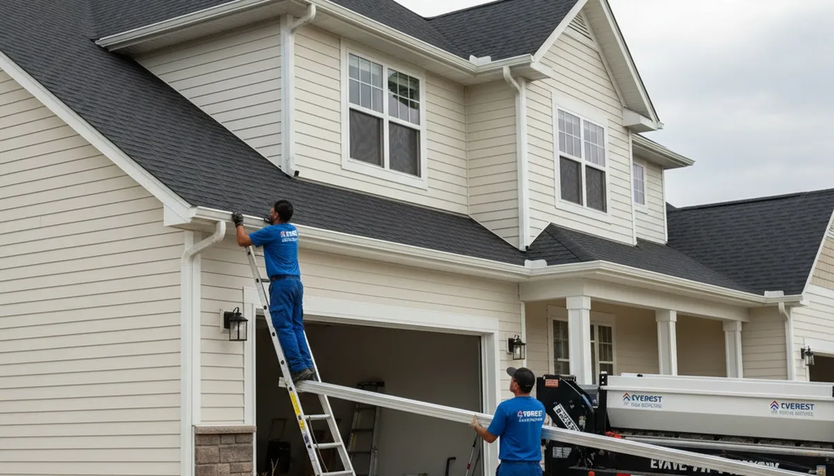 Technician installing seamless gutters on vinyl siding home in Greenville, NC for Next Level Exteriors