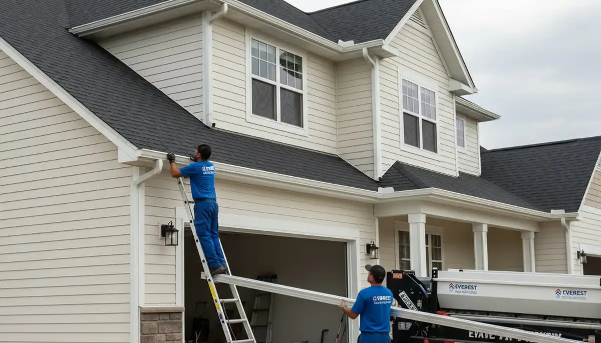 Technician installing seamless gutters on vinyl siding home in Greenville, NC for Next Level Exteriors