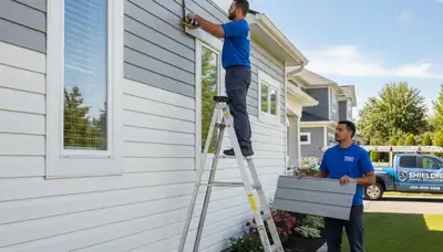 Technician repairing damaged vinyl siding on Greenville NC home exterior
