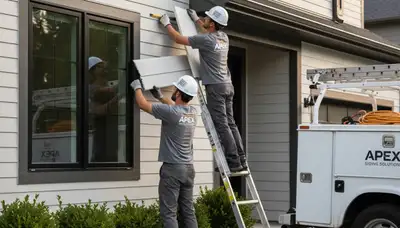 Technician repairing cracked vinyl siding on Greenville NC home exterior