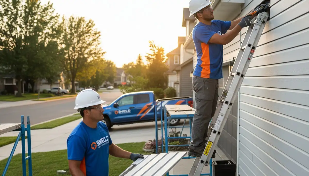 Technician repairing damaged vinyl siding on Greenville NC home exterior for Next Level Exteriors
