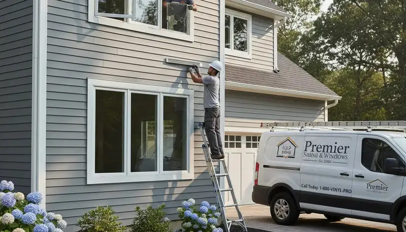 Technician repairing residential window frame in Greenville, NC for Next Level Exteriors vinyl siding service