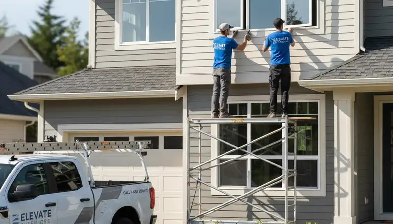 Technician repairing vinyl window frame and siding in Greenville NC home exterior