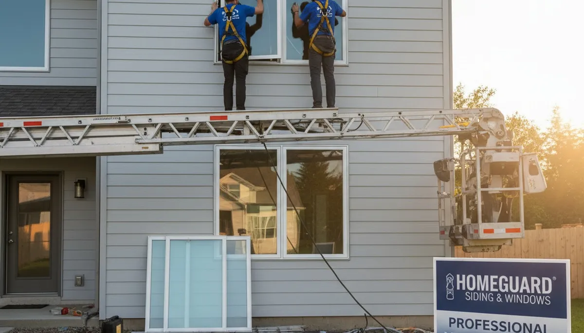 Technician performing window repair at Greenville NC home by Next Level Exteriors vinyl siding experts